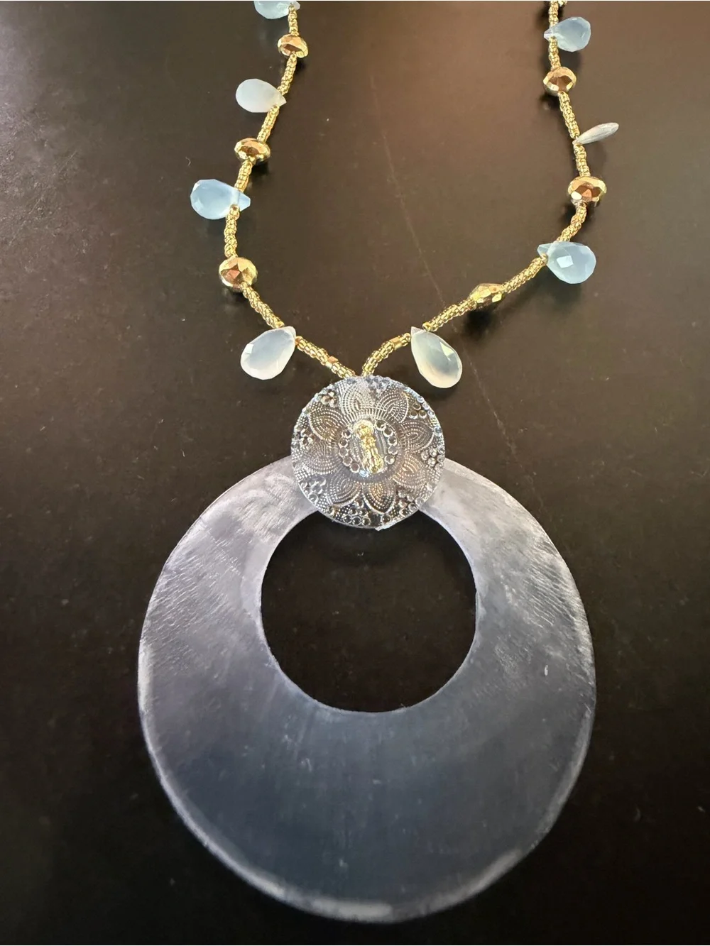 Blue Disc Pendant Necklace with Gold and blue Beaded Chain